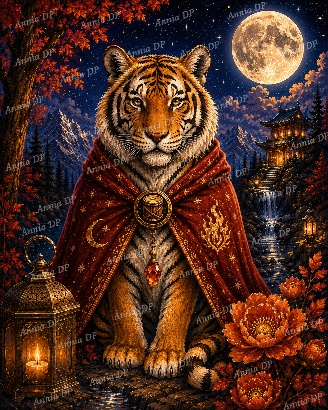 Peinture diamant : tigre tigré avec cape, lune et lanternes, fleurs automnales.