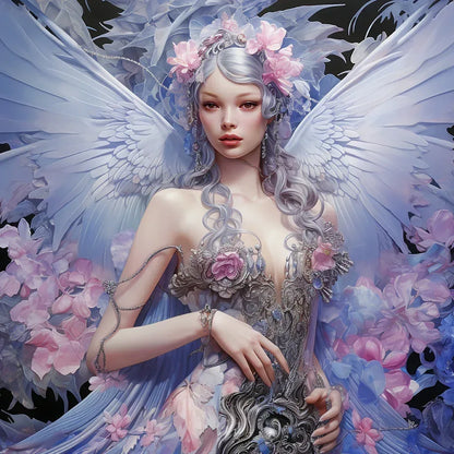 Toile de peinture par diamant « Ange en porcelaine » : ange aux ailes et fleurs.