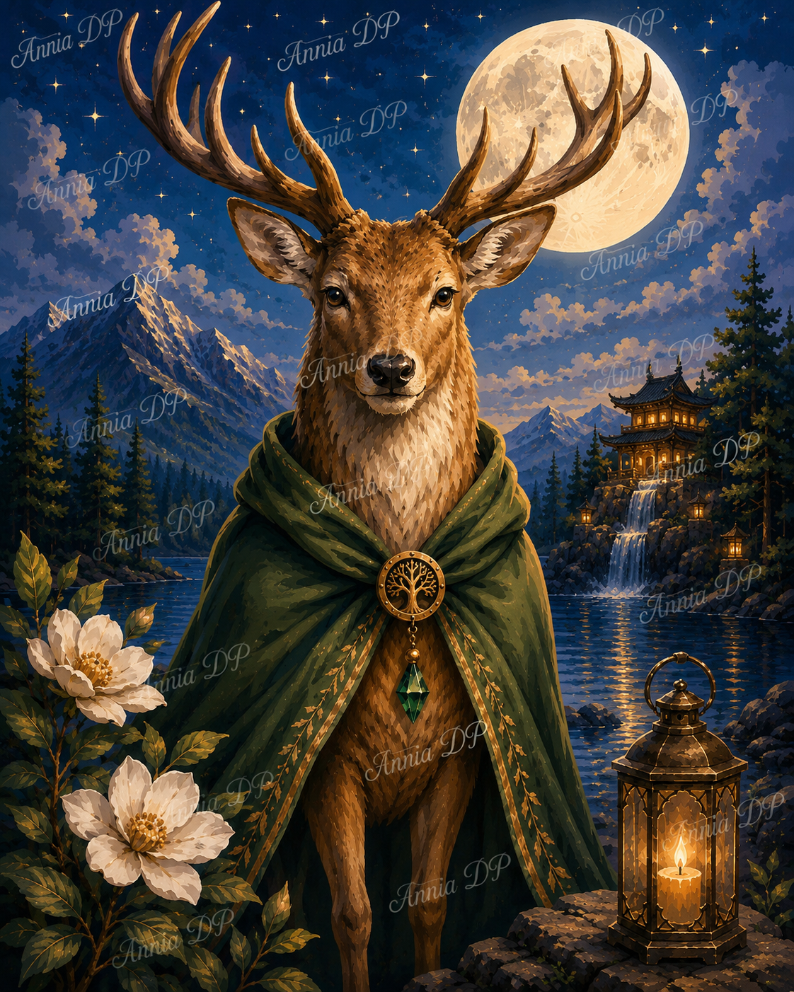 Peinture diamant : cerf brun en cape verte, lune et lanterne, fleurs blanches