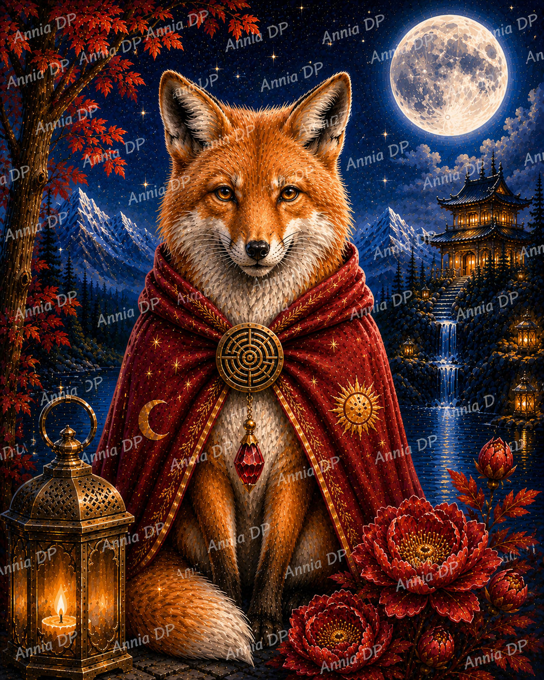 Peinture au numéro : renard en cape rouge, lune, lanternes et paysage nocturne