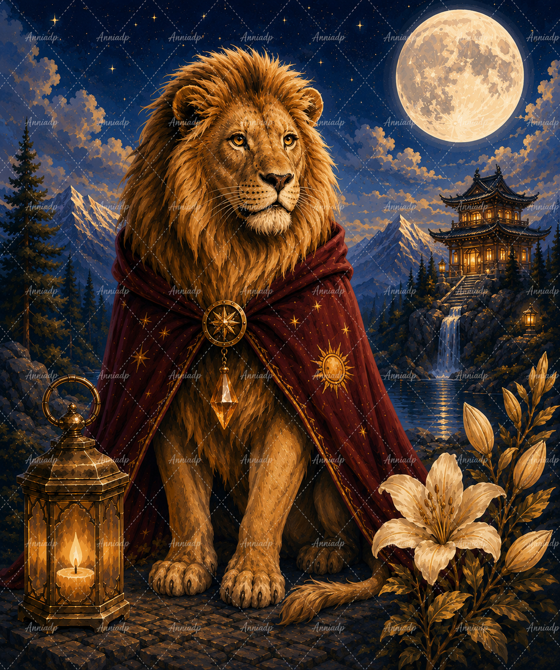 Fiche de point de croix : lion à cape