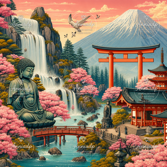 Paysage zen japonais en point de croix, fleurs roses et torii rouge, montagnes