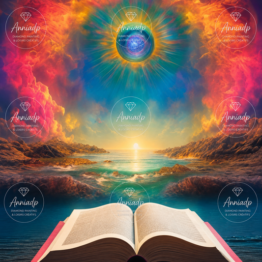 Livre de point de croix ouvert, pages blanches, couverture rouge, motif imaginaire.