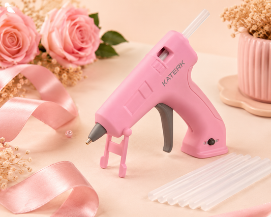 Pistolet à colle sans fil rose KATERK, buse et support avec bâton de colle