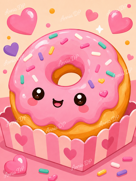 Coffret de peinture au numéro Donut kawaii : donut rose avec glaçage et vermicelles