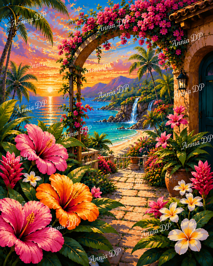 Peinture au numéro Terrasse Tropicale au Coucher de Soleil