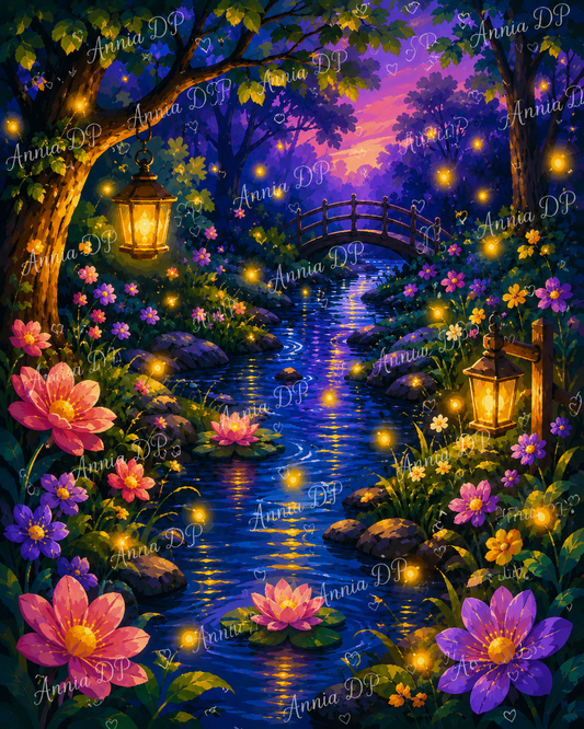Peinture au numéro de rivière illuminée, pont et fleurs, motifs floraux colorés