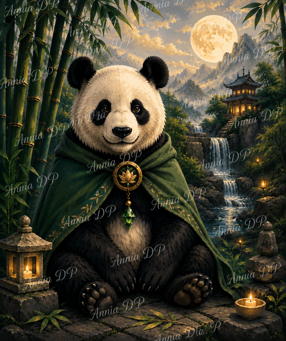 Peinture au numéro : panda noir et blanc avec cape verte, paysage de nuit et lune
