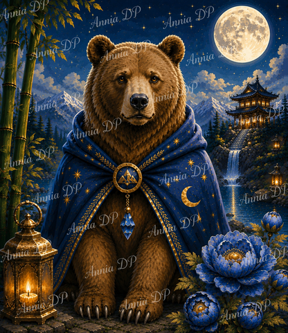 Peinture par numéros : ours en robe bleue, lune et lanternes