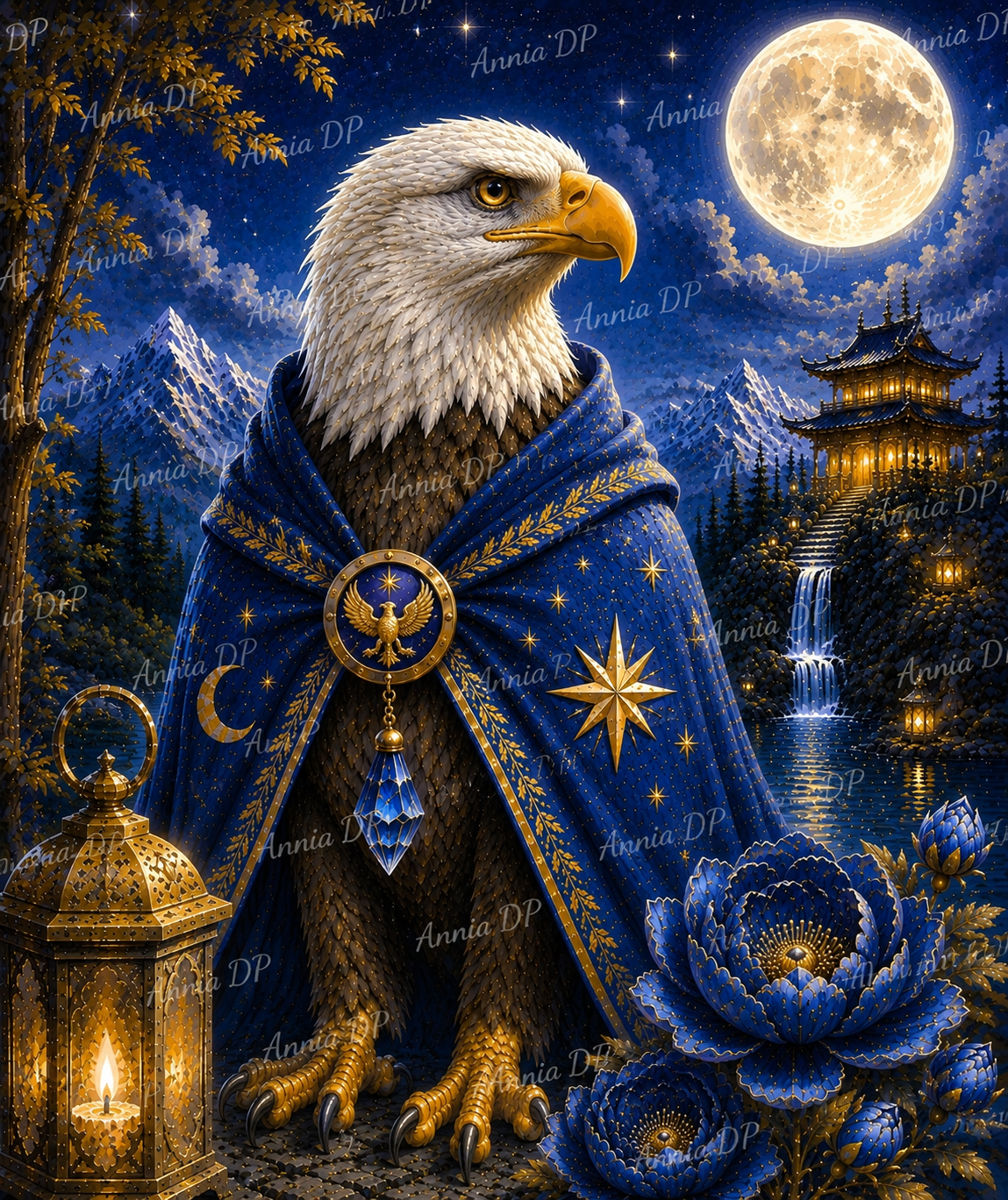 Toile de diamant représentant un aigle en manteau bleu, avec lune et bougeoirs