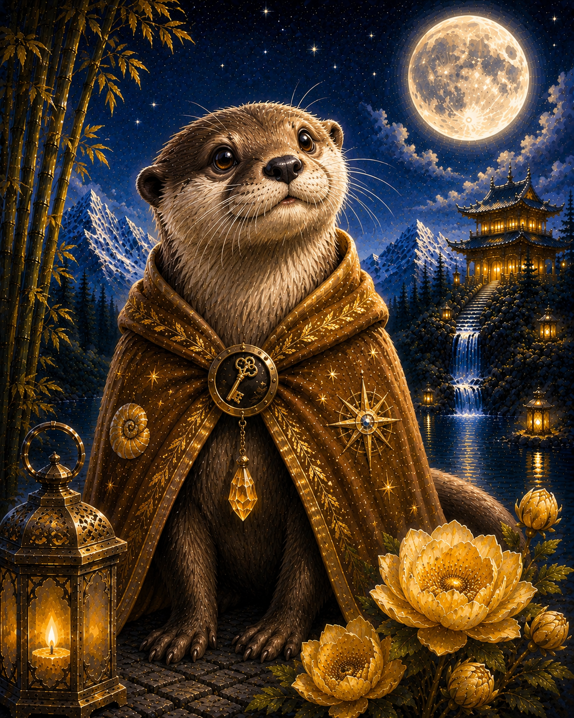 Loutre en robe dorée, lanternes et pleine lune sur paysage nocturne