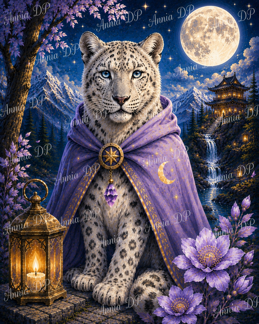 Tableau broderie diamant représentant un félin léopard sous la lune, manteau violet et fleurs.