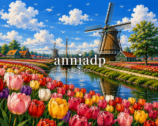 Paysage de peinture au numéro : champ de tulipes colorées et moulin à vent au bord de l’eau