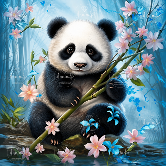 Kit point de croix bébé, motif panda blanc et noir sur tige de bambou fleuri
