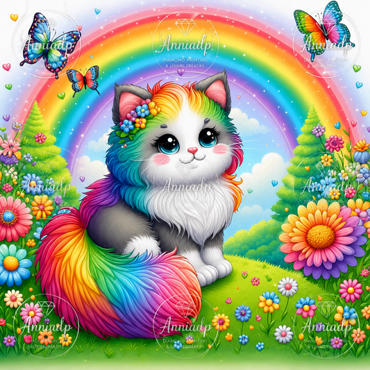 Kit de point de croix chat arc-en-ciel, schéma coloré avec fleurs et papillons