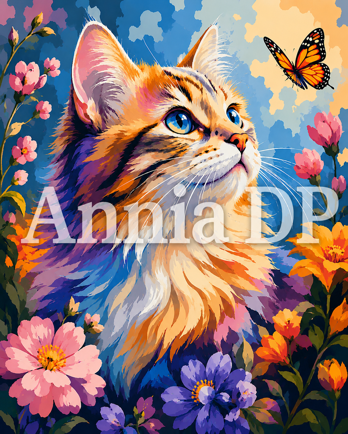 Peinture au numéro : portrait de chat tigré aux yeux bleus, papillon et fleurs