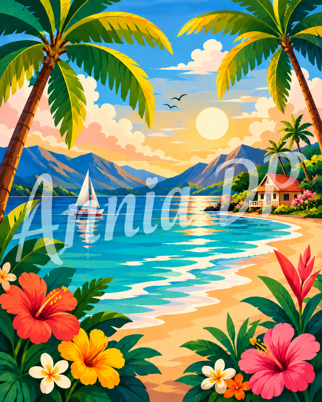 Peinture au numéro pour paysage tropical : plage, palmiers, fleurs et mer turquoise