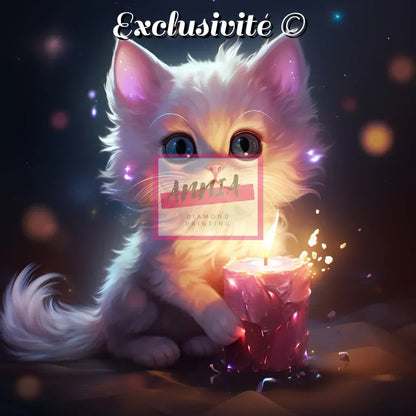 Chaton à la lueur de la bougie : petit chat blanc face à une bougie allumée.