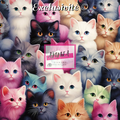 Tableau de peinture par diamants avec chats multicolores, motif dense