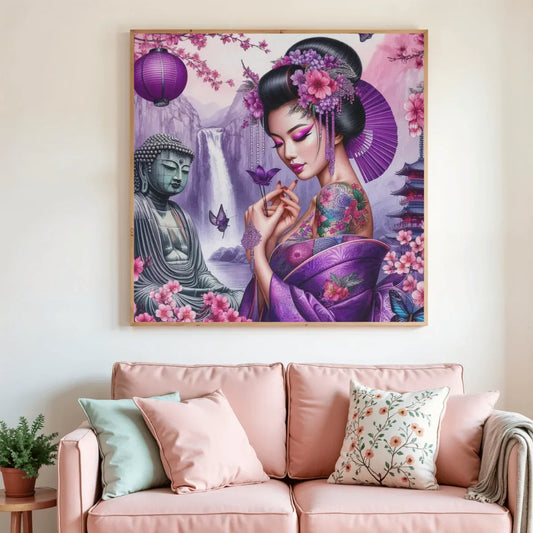 Toile de peinture diamant encadrée avec une geisha violette, papillons et fleurs