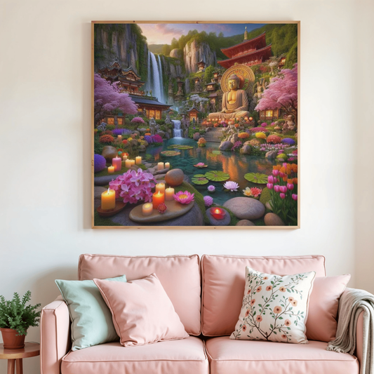 Peinture diamant encadrée : Bouddha assis dans un temple, jardin de fleurs et eau
