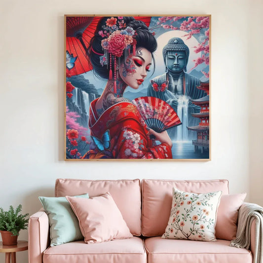 Tableau diamant encadré avec geisha rouge, kimono fleuri et bouddha bleu