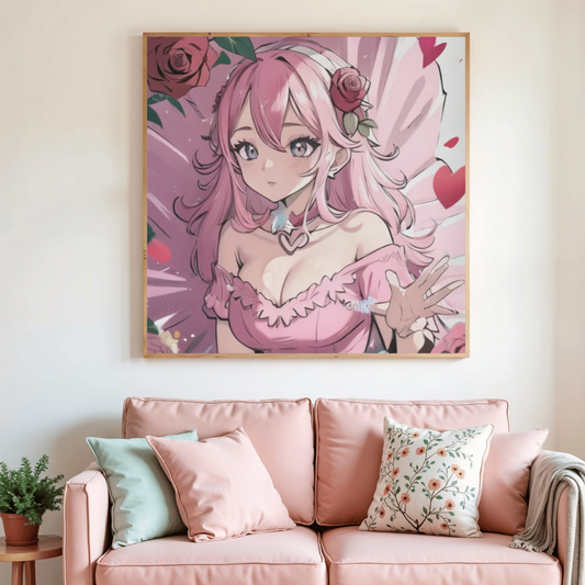 Peinture diamant carrée avec une fille aux cheveux roses, cœur et roses