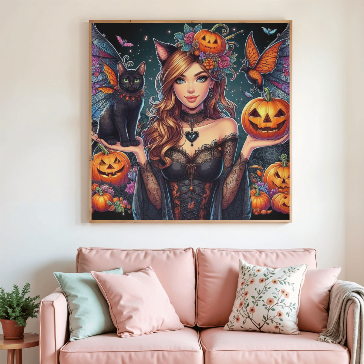Toile de peinture diamant encadrée, sorcière, chat noir et citrouilles