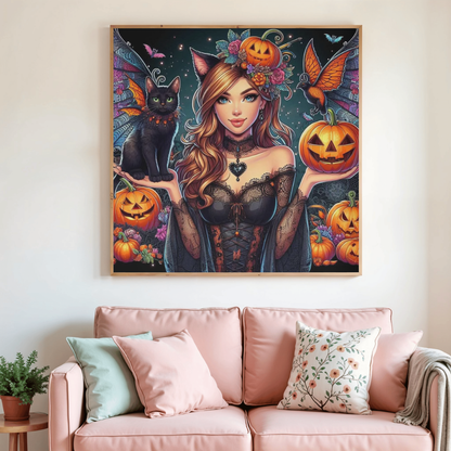 Toile de peinture diamant encadrée, sorcière, chat noir et citrouilles