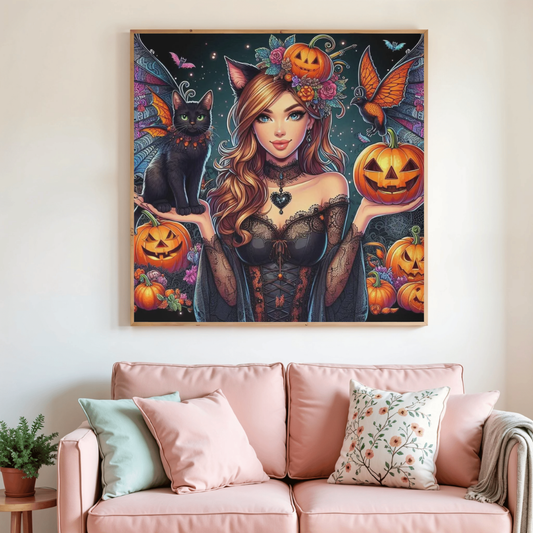Toile de peinture diamant encadrée, sorcière, chat noir et citrouilles