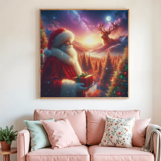 Broderie diamant « Le Rêve de Noël » : scène de Noël avec renne et père Noël tenant un cadeau.