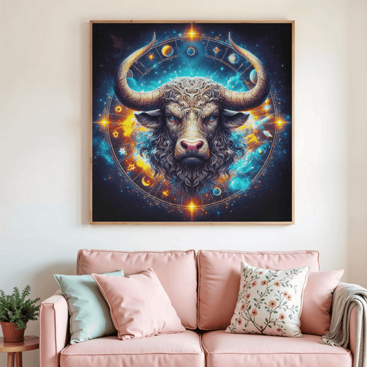 Toile de peinture diamant Taureau encadrée, buste de taureau cornes, univers bleu et or