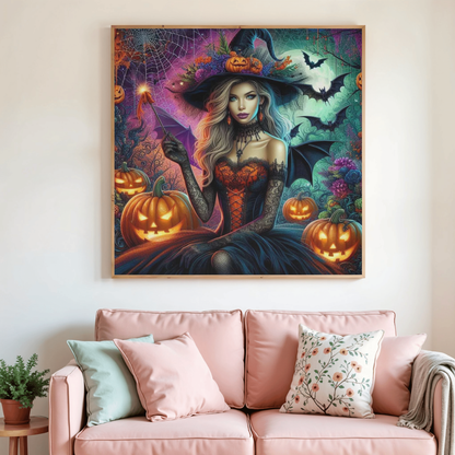 Toile diamant de sorcière, motif Halloween avec citrouilles et chauve-souris