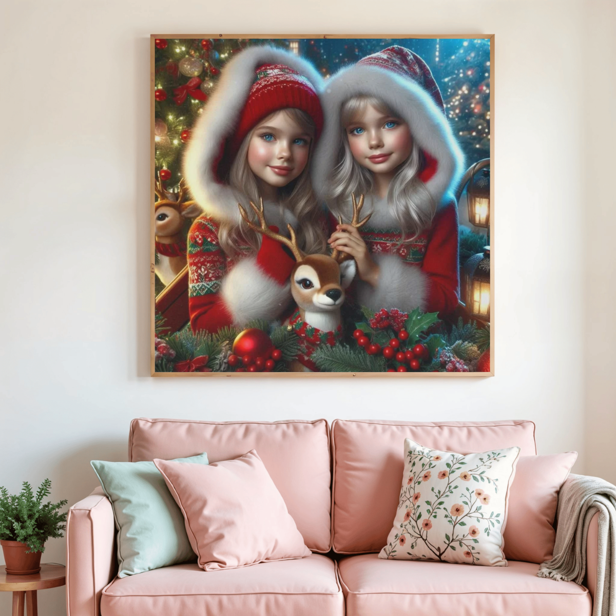 Toile de peinture diamant de Noël : deux princesses, rennes et baies festives