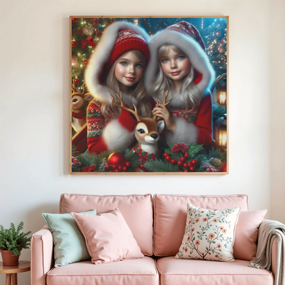 Toile de peinture diamant de Noël : deux princesses, rennes et baies festives