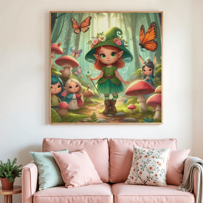 Toile de peinture diamant encadrée, lutin vert parmi des champignons et papillons.