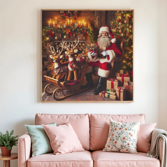 Tableau de peinture au diamant représentant le Père Noël dans une scène de fête