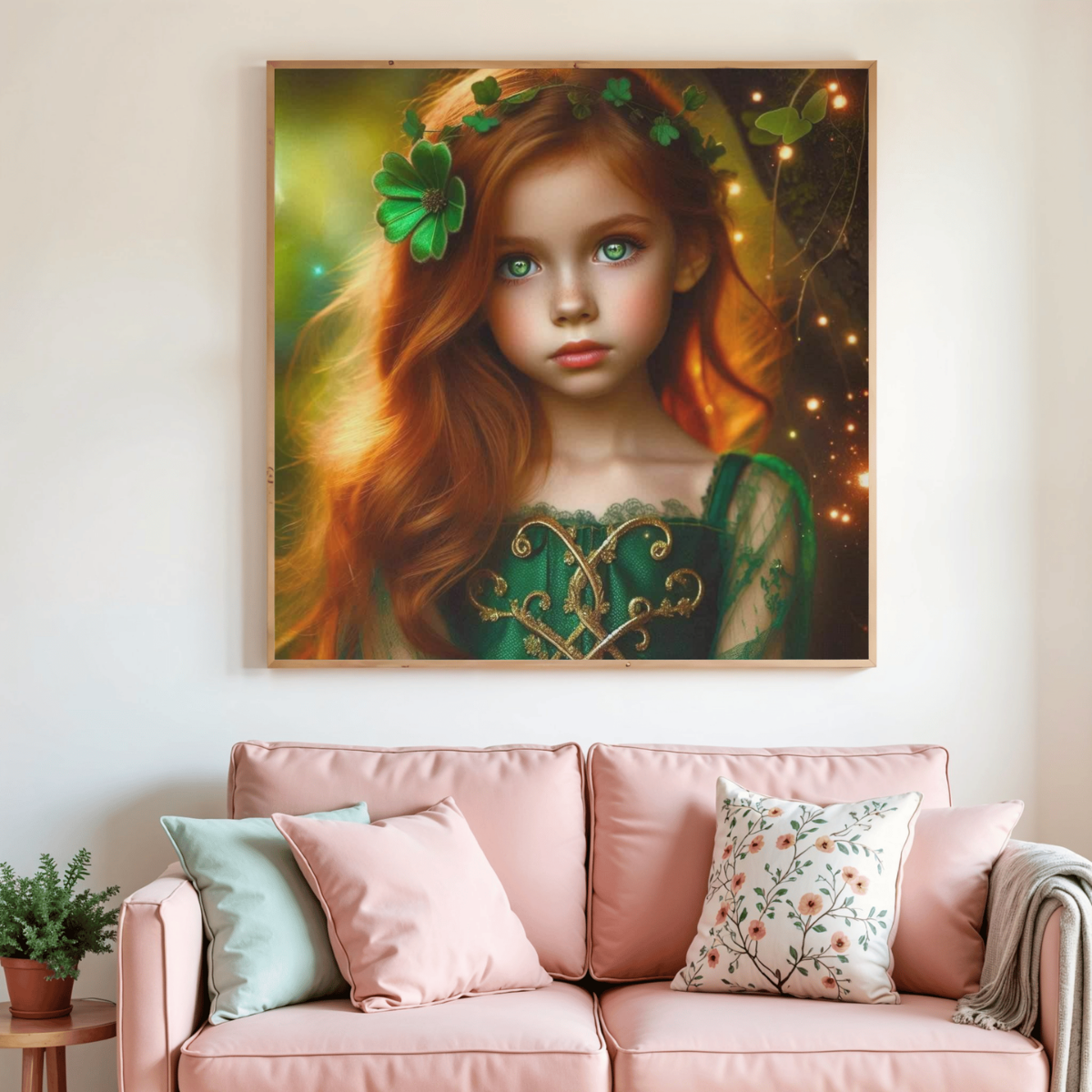 Toile de diamant : portrait de princesse aux cheveux roux et robe verte, yeux verts.