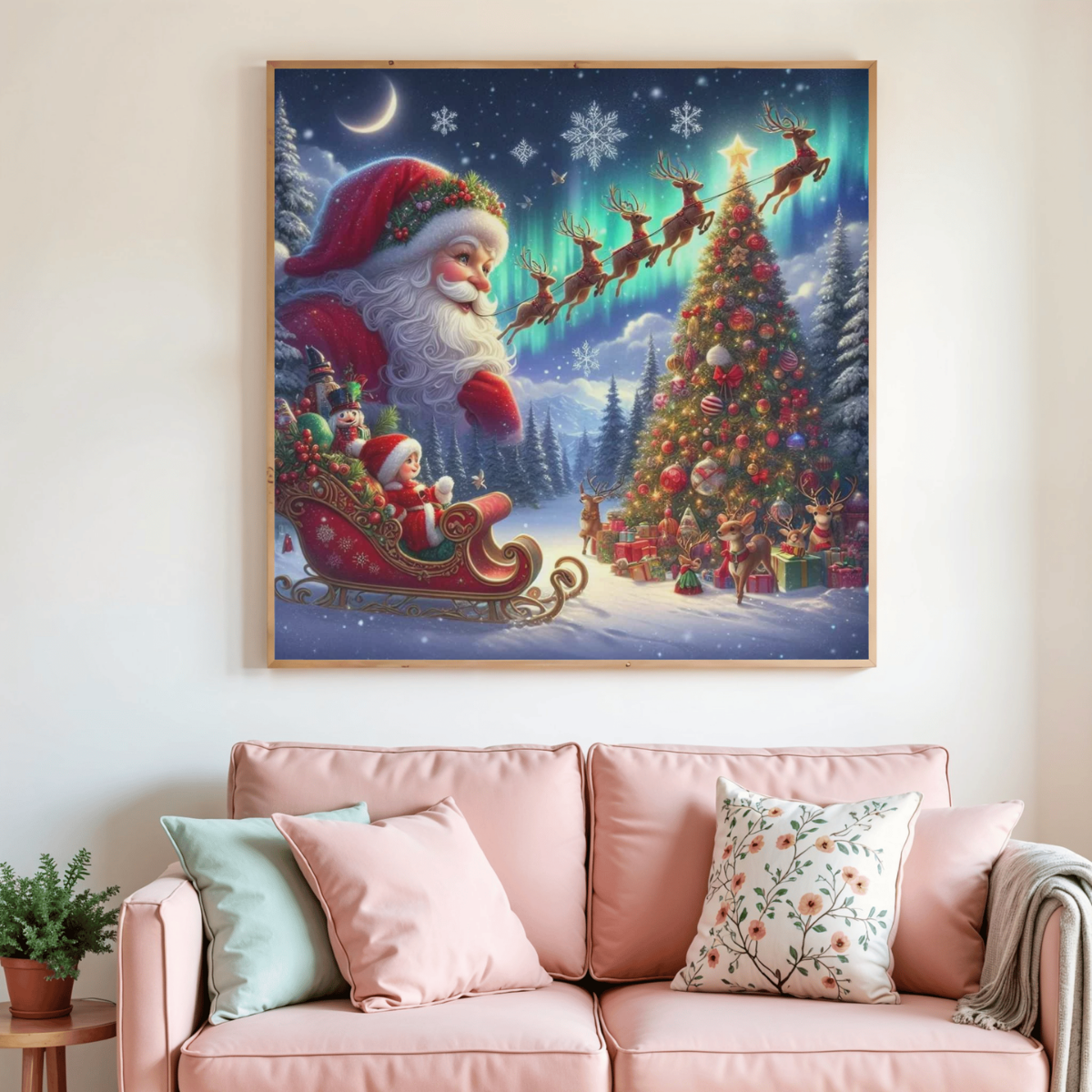 Peinture diamant « Oh Noël » : scène nocturne de Noël avec sapin, flocons et personnage du Père Noël
