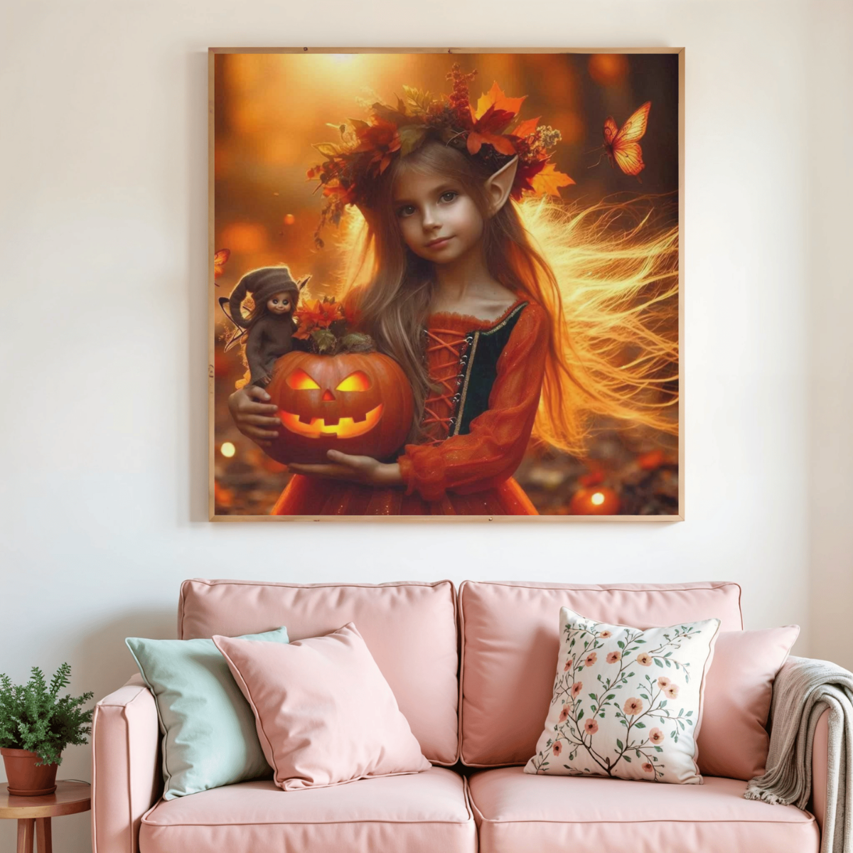 Peinture diamant encadrée, elfe à la citrouille avec lanternes et feuilles d’automne