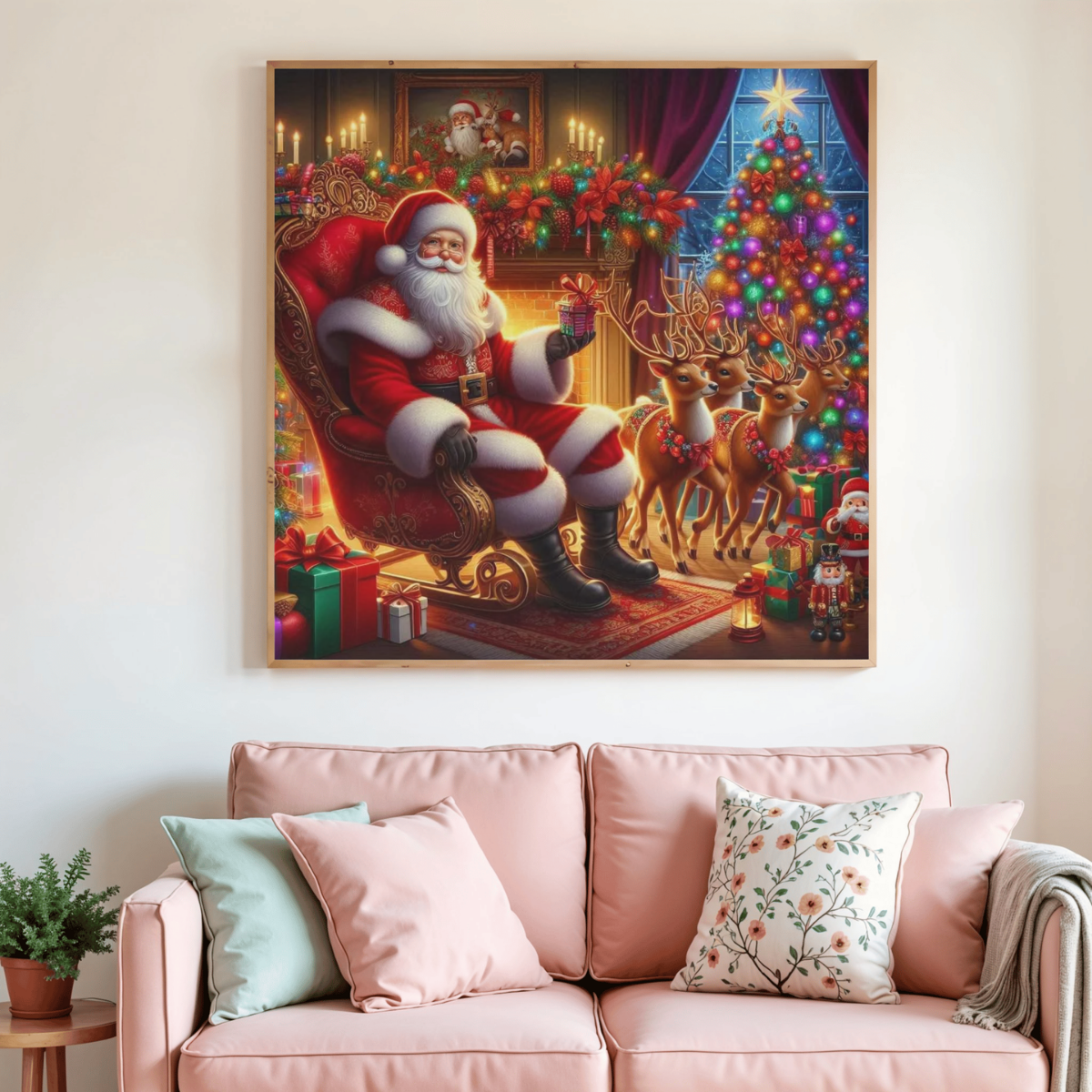 Toile de peinture diamant Père Noël : Santa et rennes, couleurs vives