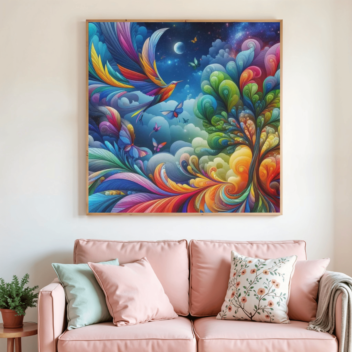 Toile de peinture diamant encadrée, motif multicolore oiseau et arbre stylisé.