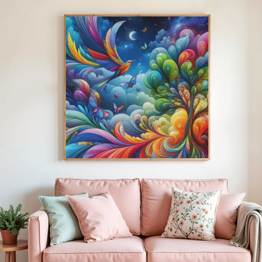 Toile de peinture diamant encadrée, motif multicolore oiseau et arbre stylisé.
