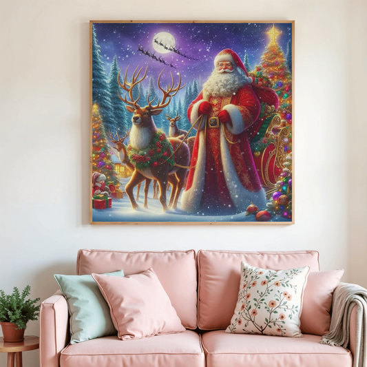 Tableau peinture diamant : Père Noël rouge, cerfs et sapin, ciel étoilé.