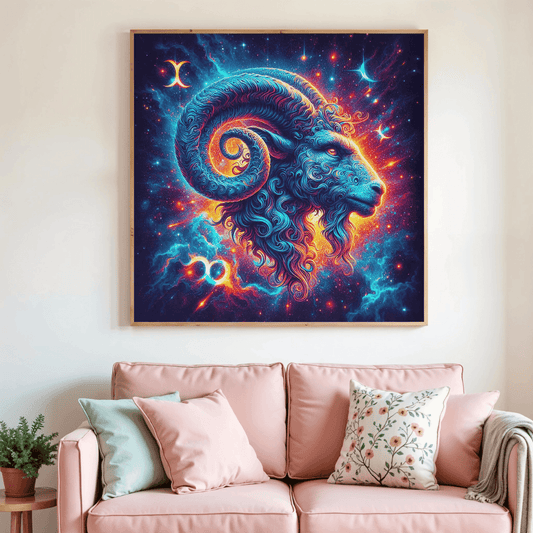 Toile de peinture au diamant carrée, tête de bélier cosmique aux couleurs vives