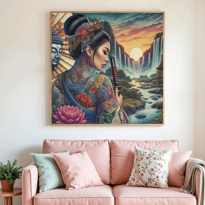 Peinture diamant encadrée : femme samouraï de profil, fleurs de lotus, paysage au soleil couchant
