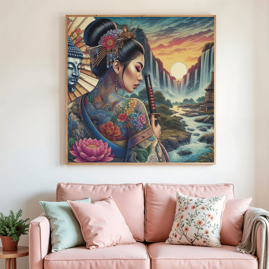Peinture diamant encadrée : femme samouraï de profil, fleurs de lotus, paysage au soleil couchant