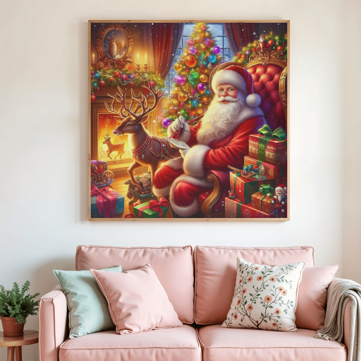 Toile de diamant Père Noël près de la cheminée, rennes, cadeaux et sapin décoré
