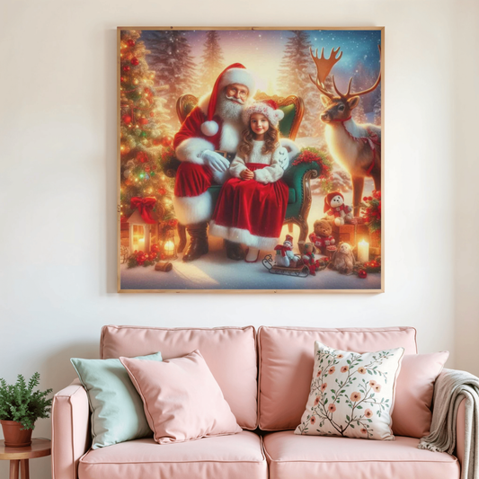 Tableau de peinture au diamant Père Noël et renne, scène hivernale, cadre bois