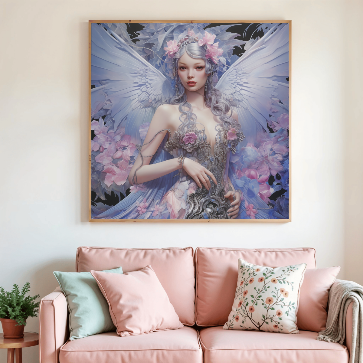 Tableau de peinture par diamants encadré : ange aux ailes bleues et fleurs roses